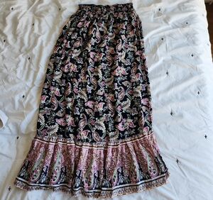 Floral Paisley Maxi Skirt - Black and Pink